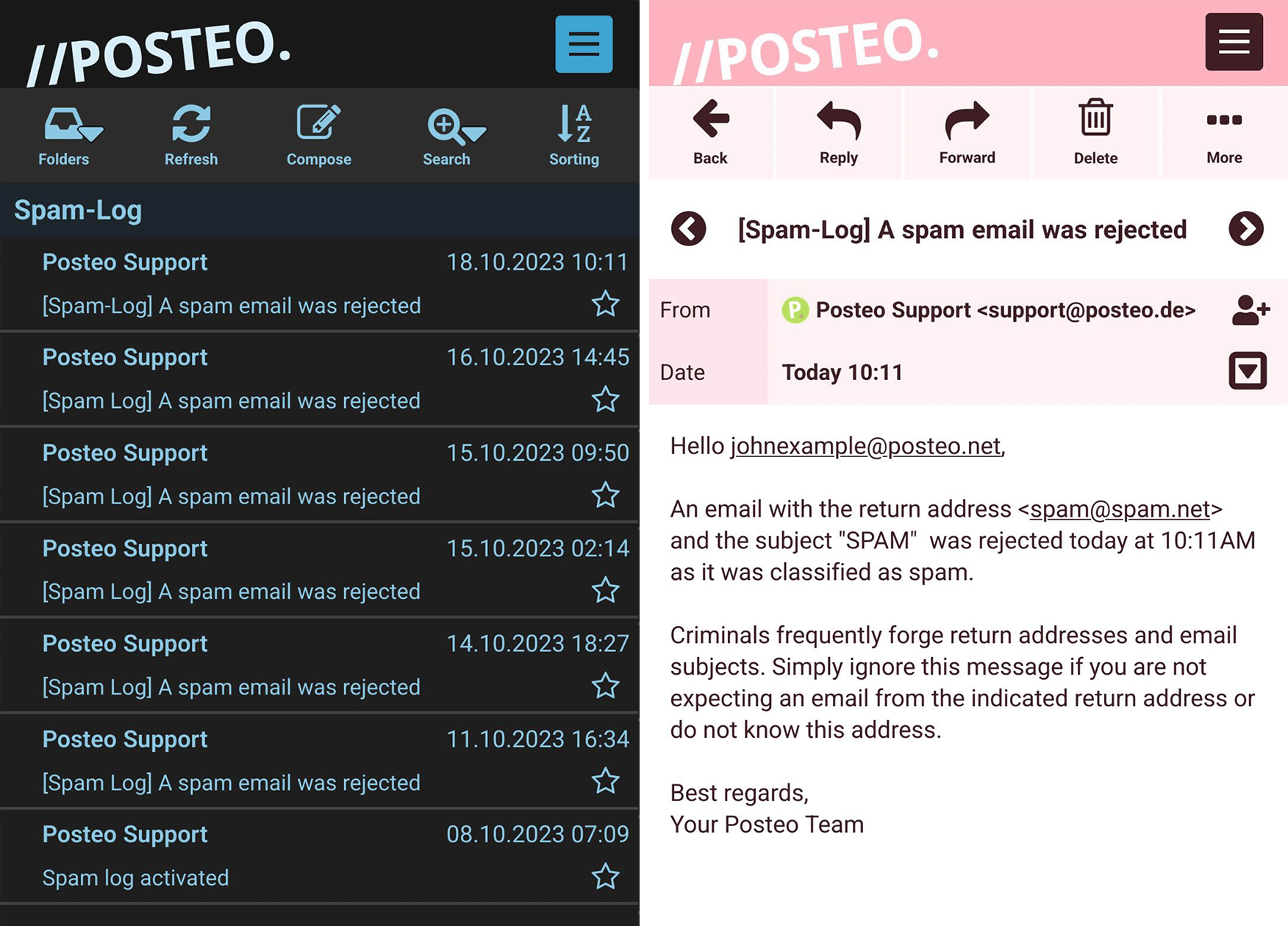 Screenshots of the spam log in the Posteo web app