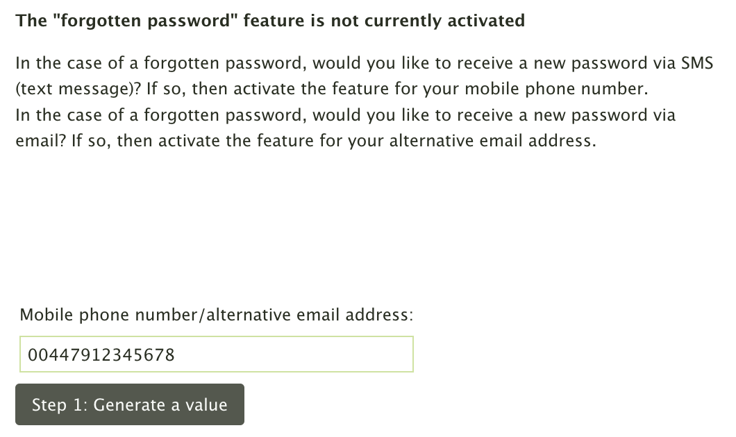 Activating the forgotten password feature