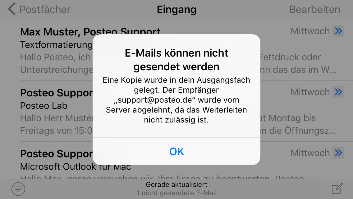 iOS 10-Fehlermeldung bei falschen SMTP-Server-Einstellungen.