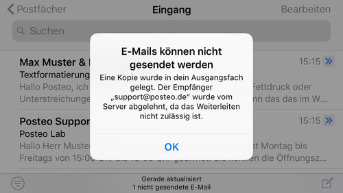 iOS 11-Fehlermeldung bei falschen SMTP-Server-Einstellungen.