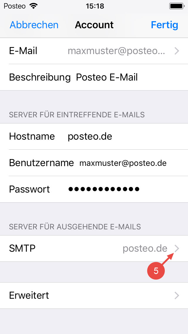 Tippen Sie bei "Server für ausgehende E-Mails" auf den SMTP-Server.