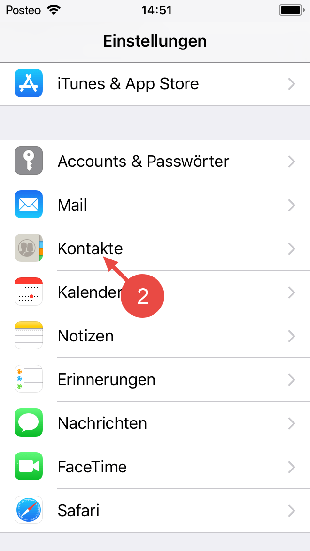Tippen Sie in den iOS-Einstellungen auf "Kontakte".