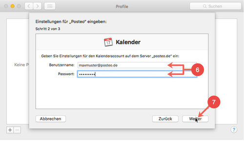 Posteo-Profil in Mac OS X installieren: Schritt 6-7